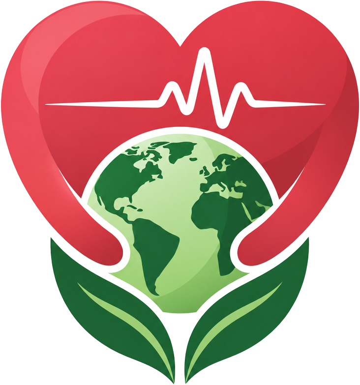 Health First donation emblem: a heart with a heartbeat pulse cradling the globe among growing leaves